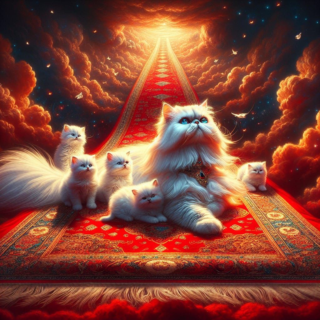 Persian Cat Family on Flying Carpet: Digital Matte Painting