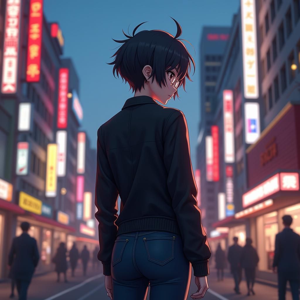 Anime Woman at Red Light in Bustling Cityscape