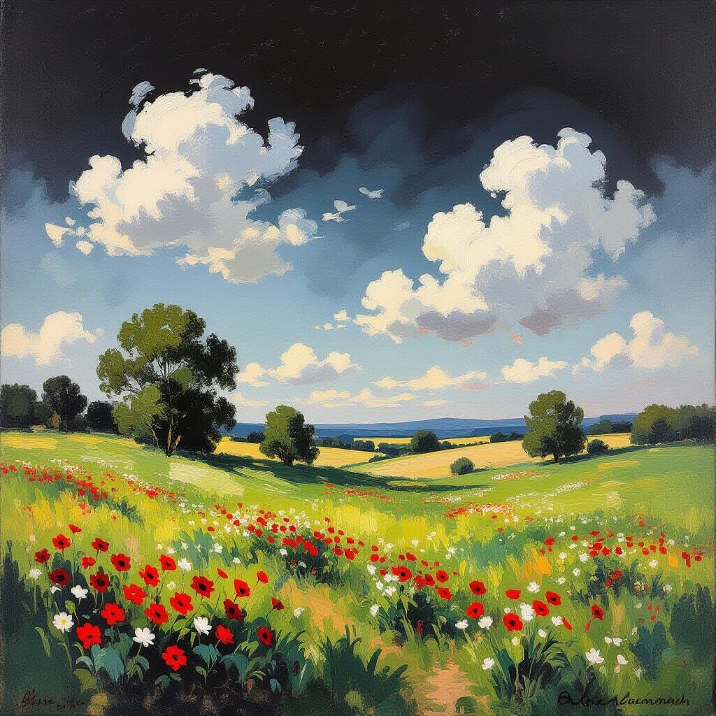 Black Sky Landscape with Red Flowers, Impressionistic Style