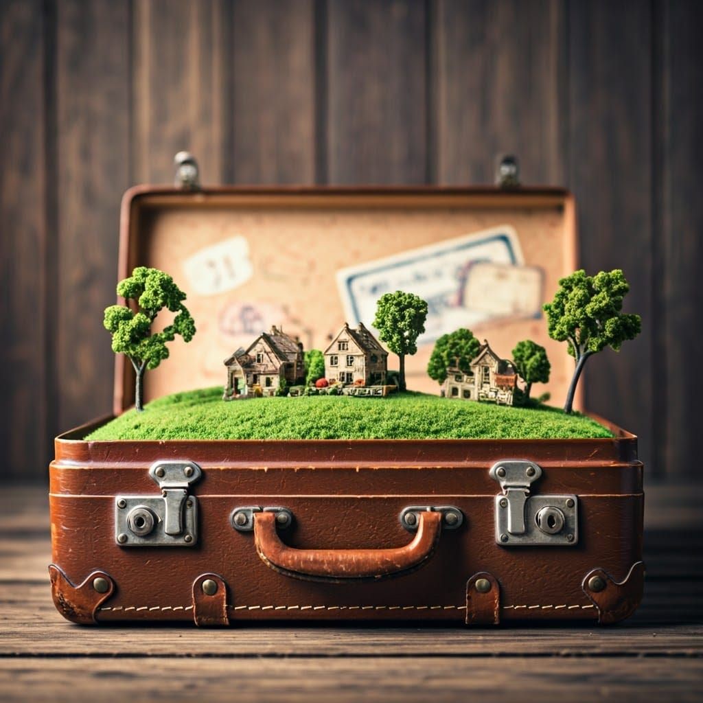 Miniature Village in Suitcase, High-Resolution Photography