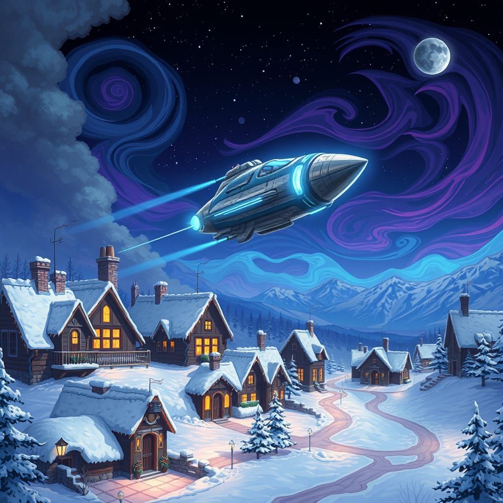 Pixel Art Spaceship Soars Over Winter Town Under Starry Nigh...