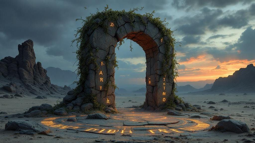 Desert Archway with Glowing Runes in Dark Fantasy Style
