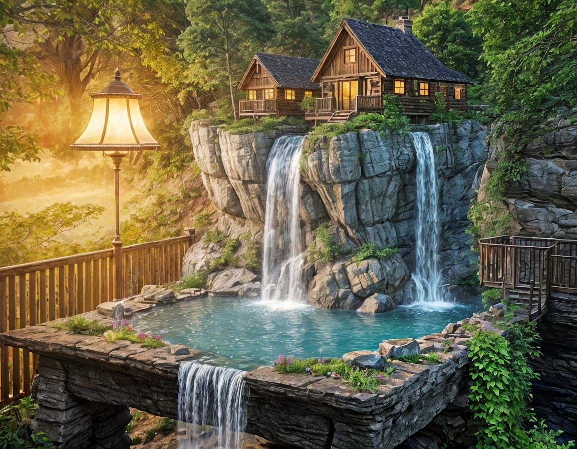 Waterfall Cabin Landscape on a Table