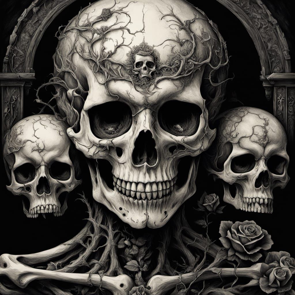 Gothic Skull with Black Rose in Chiaroscuro Lighting