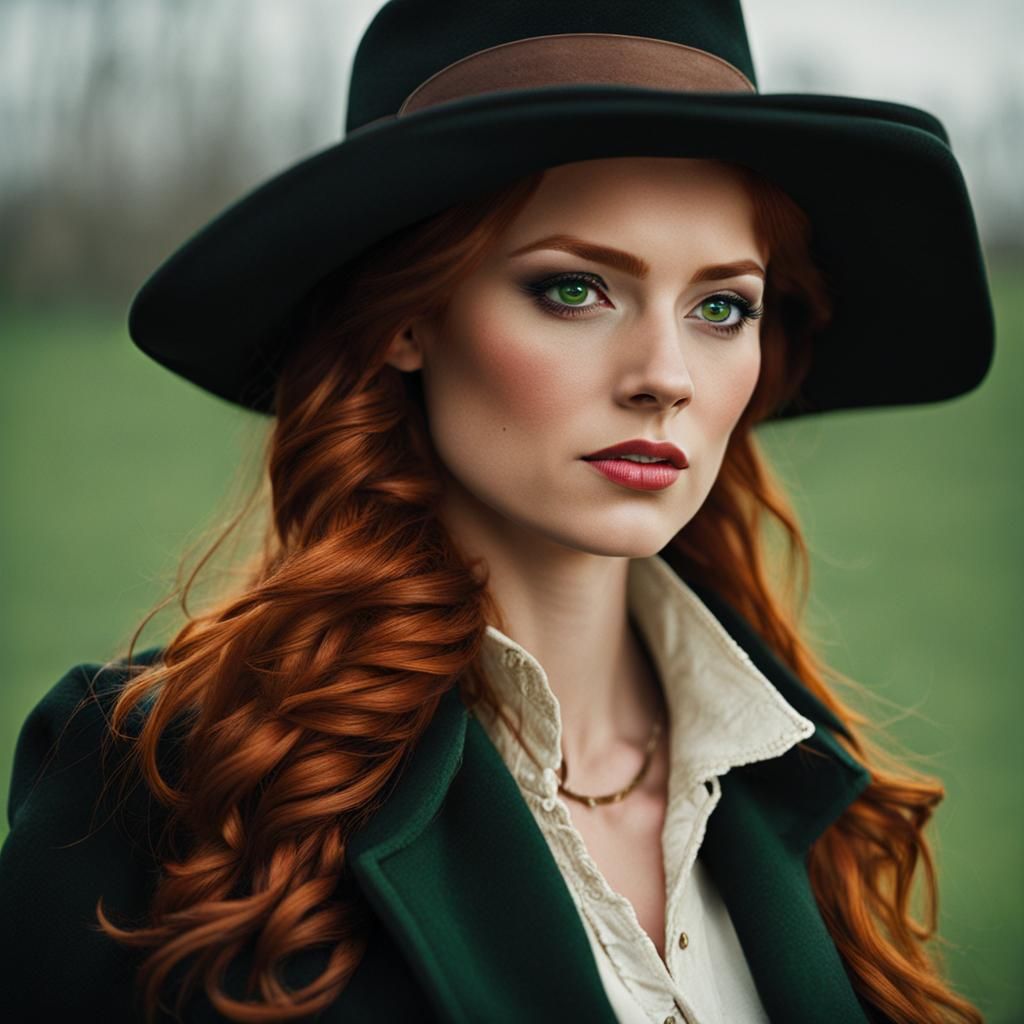 Irish Cowgirl with Red Hair in Black Coat