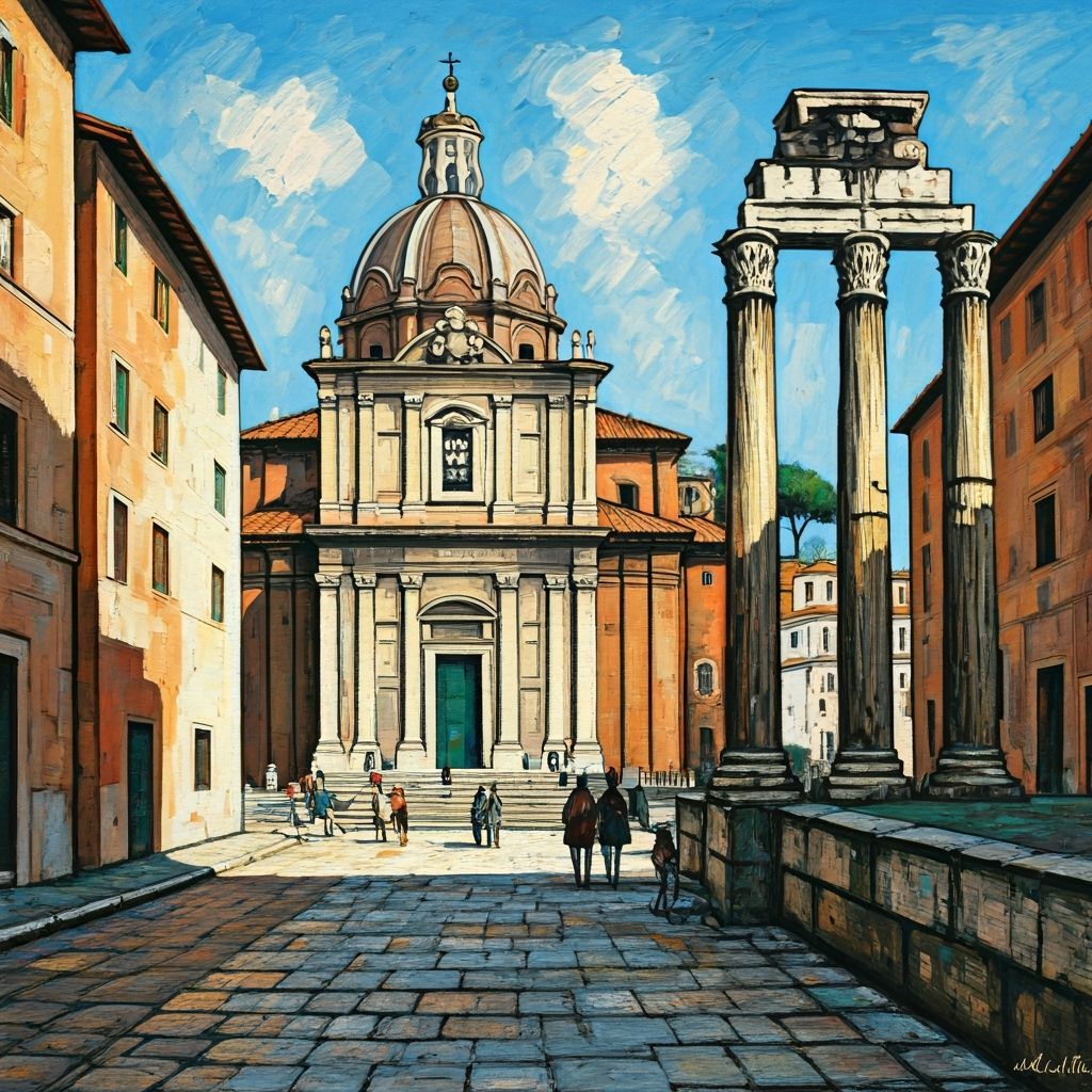 Ancient Roman Monuments in Modern City, Utrillo Style