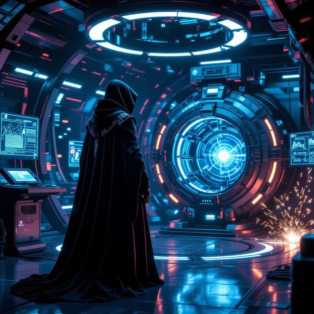 Cybernetic Figure and Time Machine in a Sci-Fi Lab