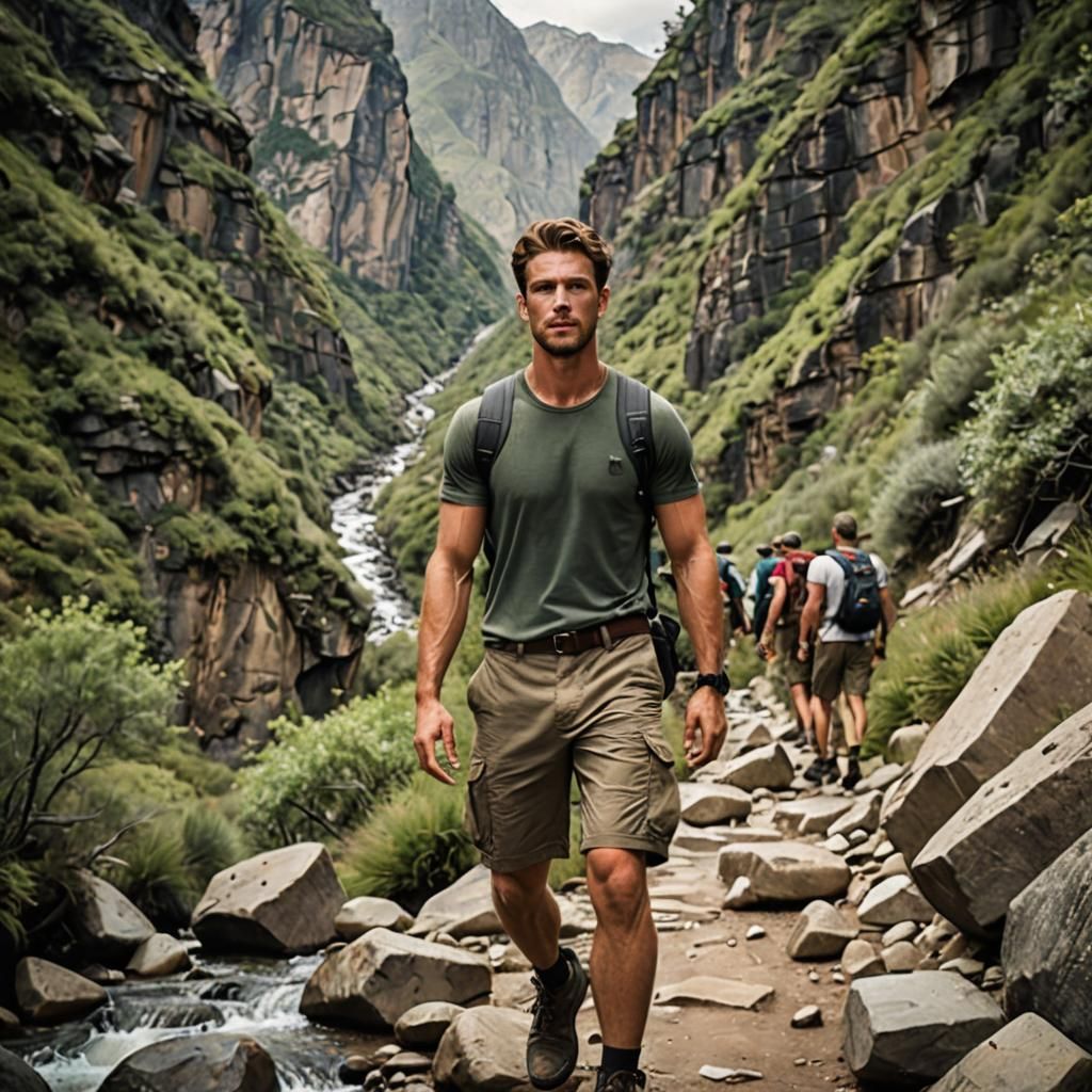 Teenagers Hiking Shirtless on Mountain Trail