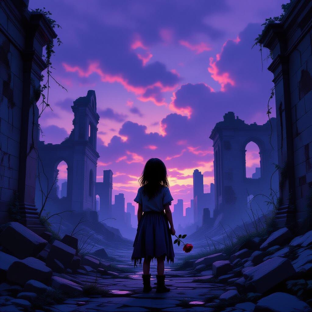 Girl in Ruined City with Wilted Rose, Matte Painting Style