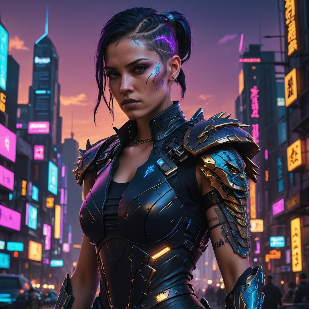Cyberpunk Warrior Girl with Dragon Tattoo