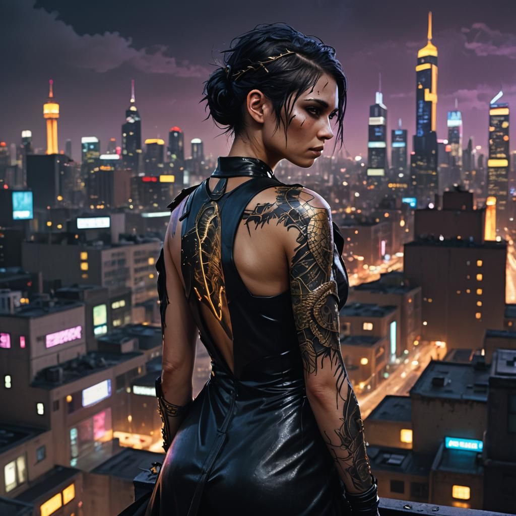 Cyberpunk Warrior Girl with Dragon Tattoo