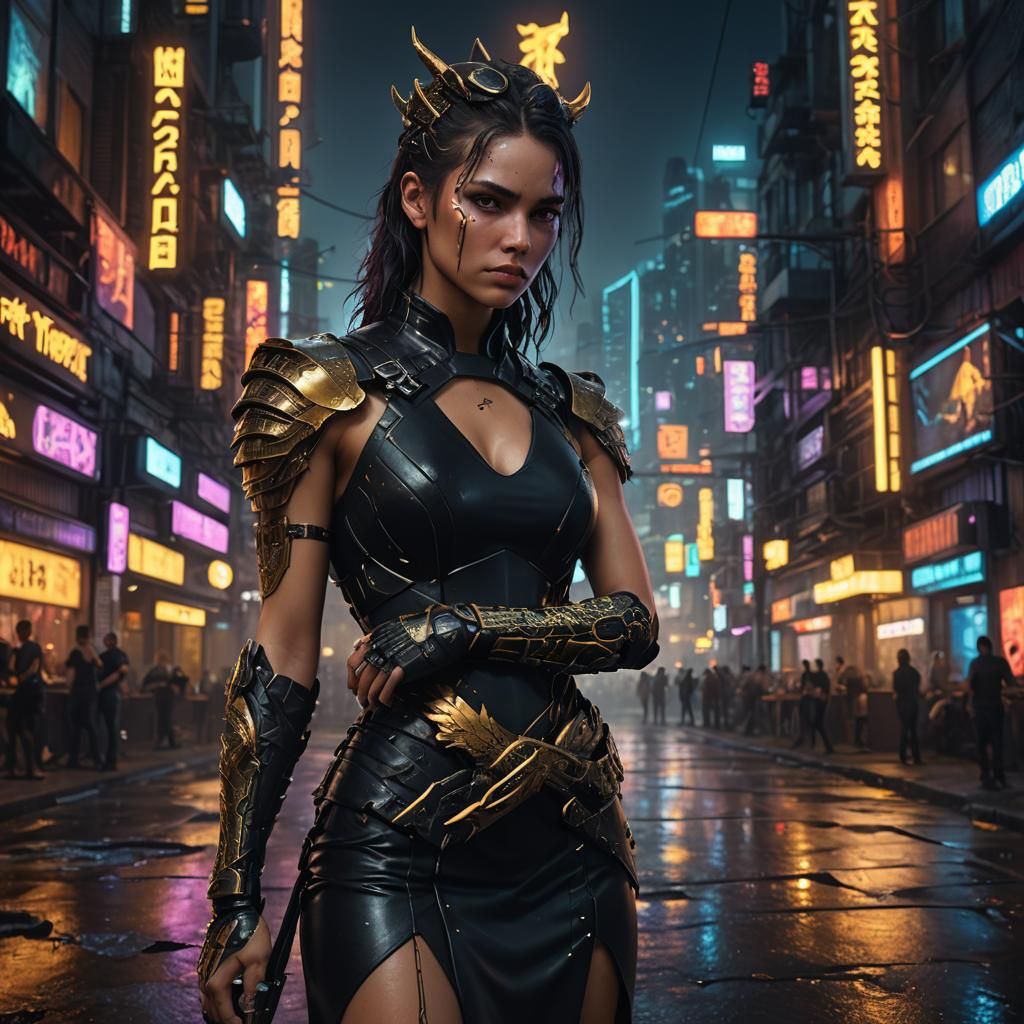 Cyberpunk Warrior Girl with Dragon Tattoo