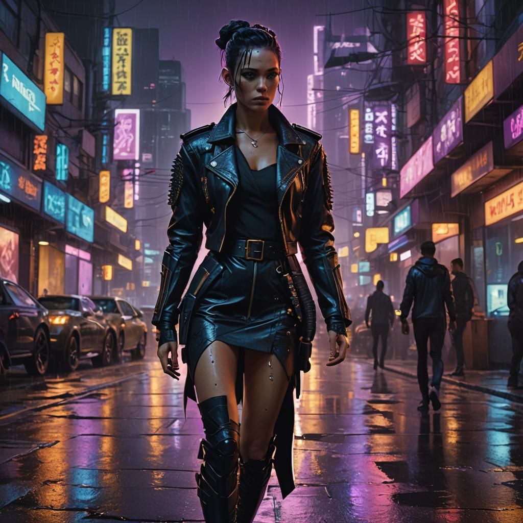 Warrior Girl in Cyberpunk City, Digital Matte Painting