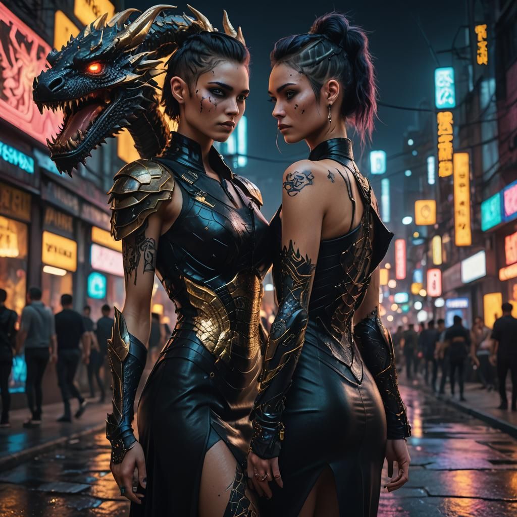 Cyberpunk Warrior Girl with Dragon Tattoo