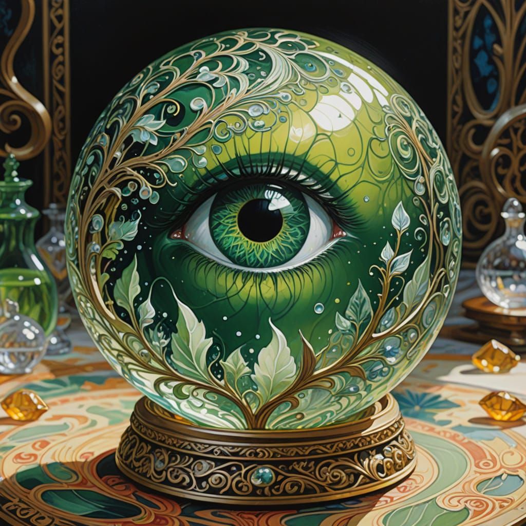 Gouache Masterpiece: A Crystal Ball with a Green Glass Eye