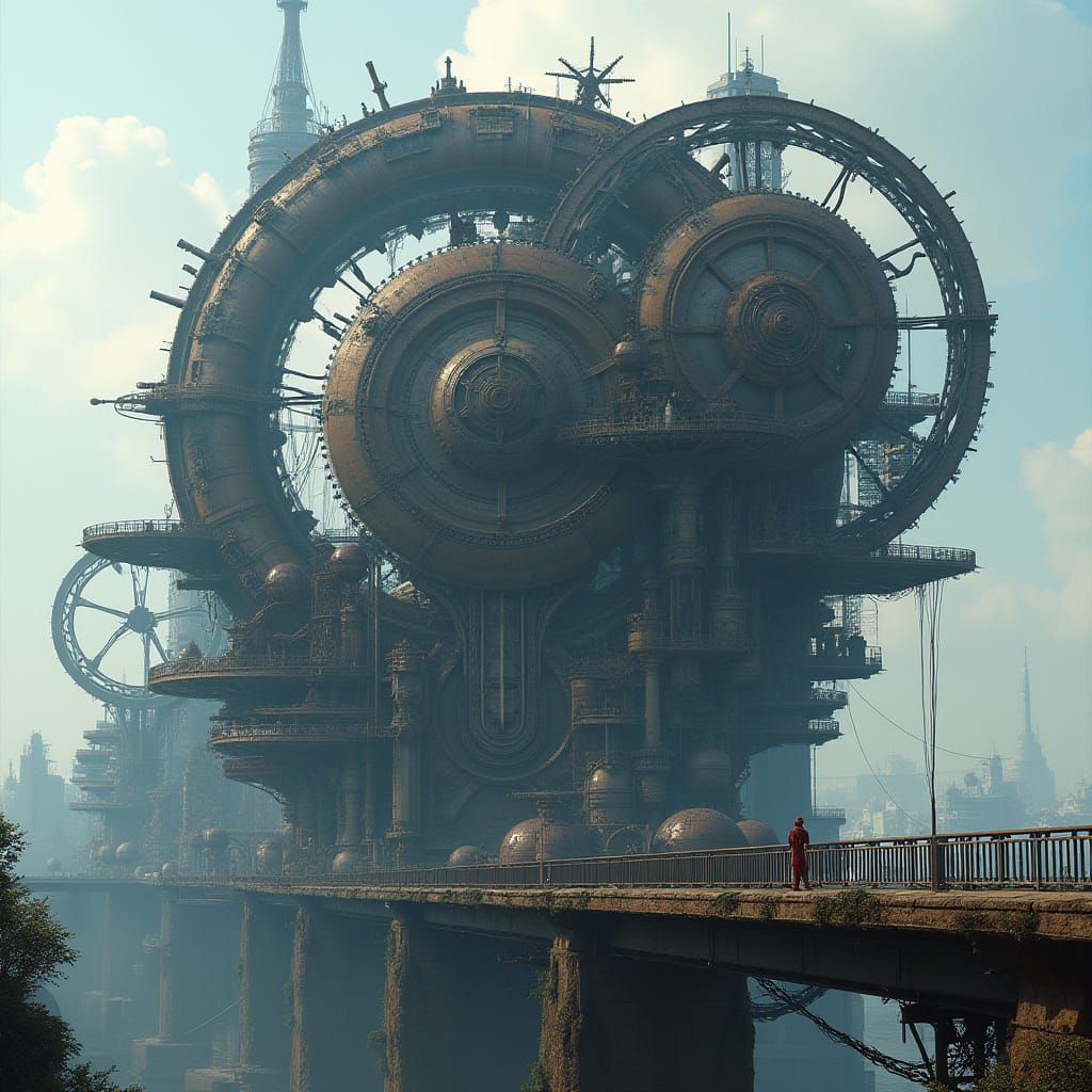 Giant Cyberpunk Clockwork Metropolis Spans Bridge