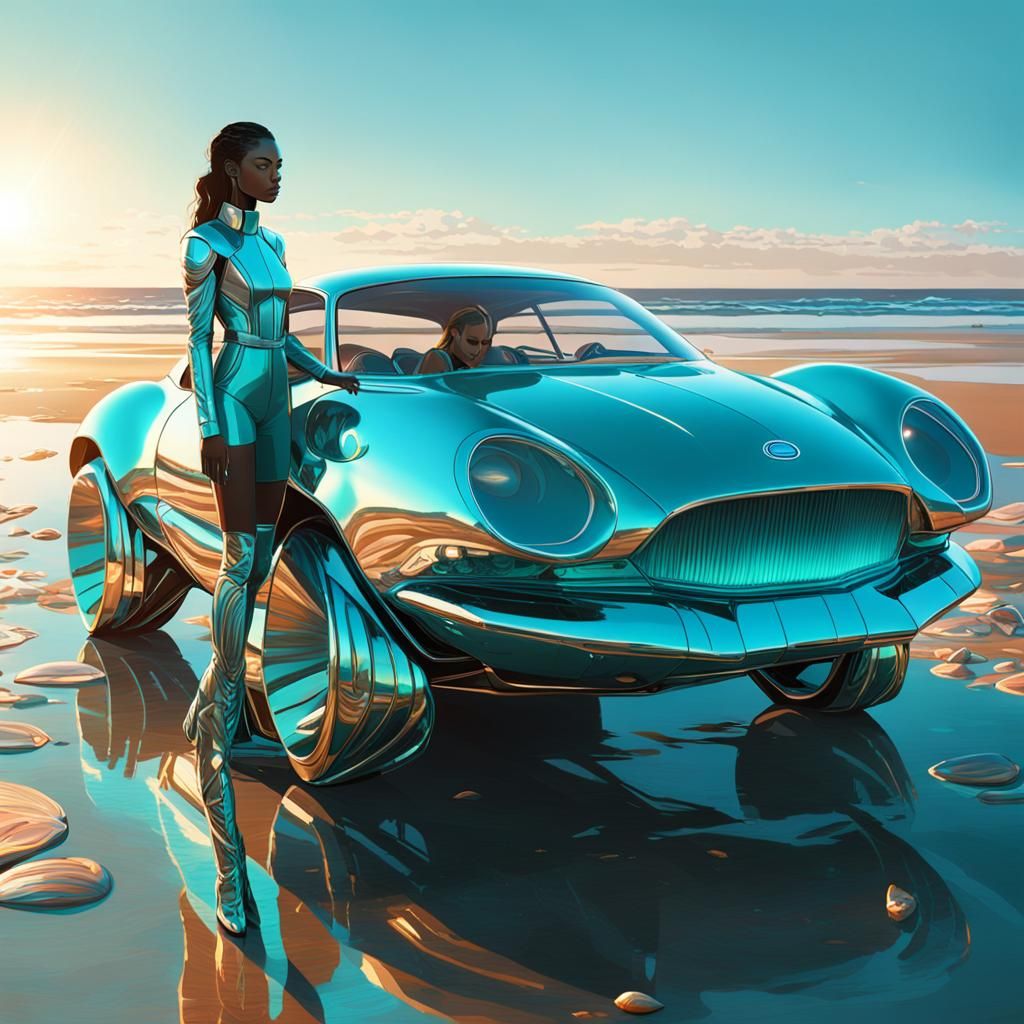 Girl with Seashell Car in Sci-Fi Cityscape