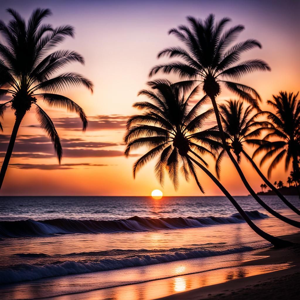 Tranquil Sunset Over Ocean with Palm Trees