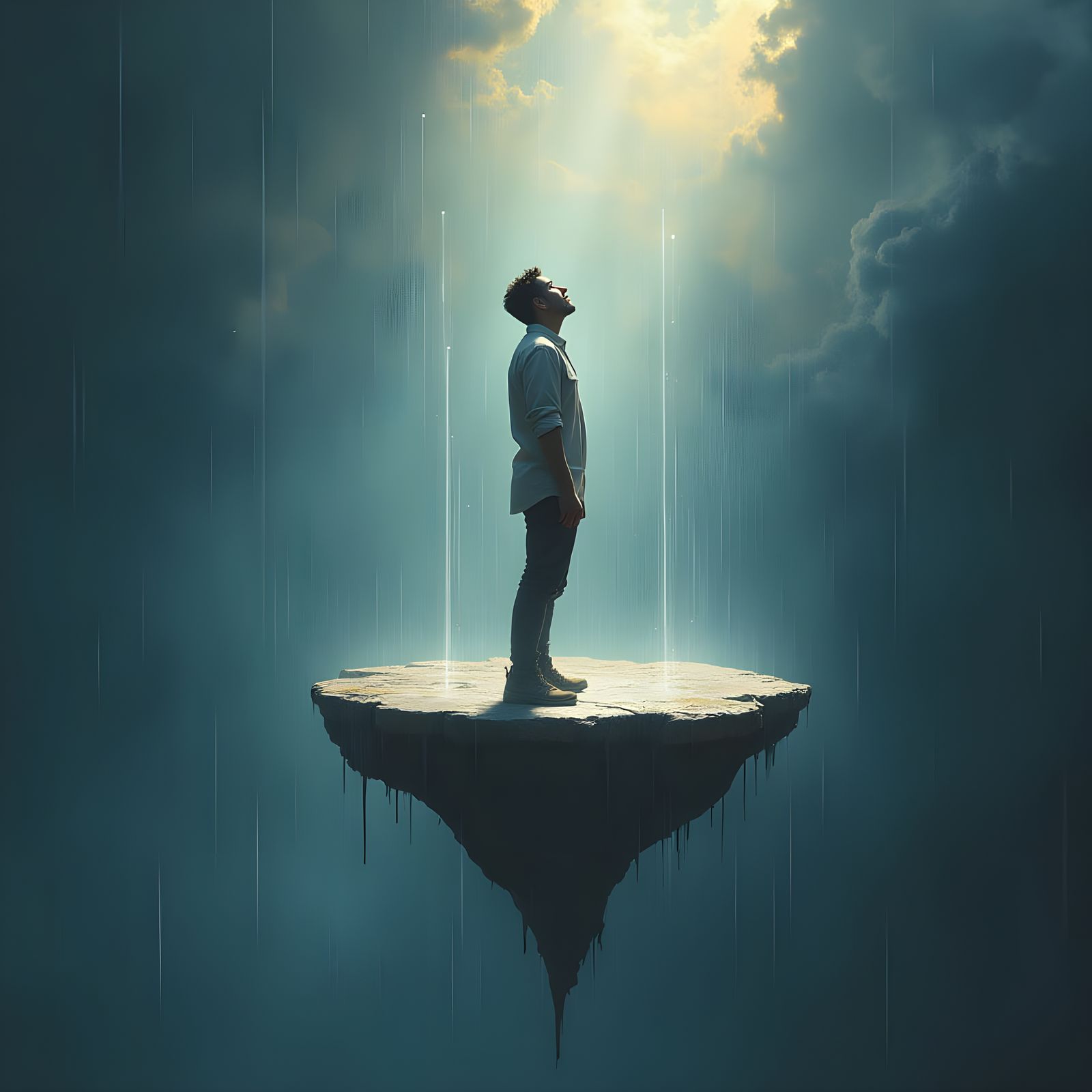 Man Standing in Mid-Air Rain Drops