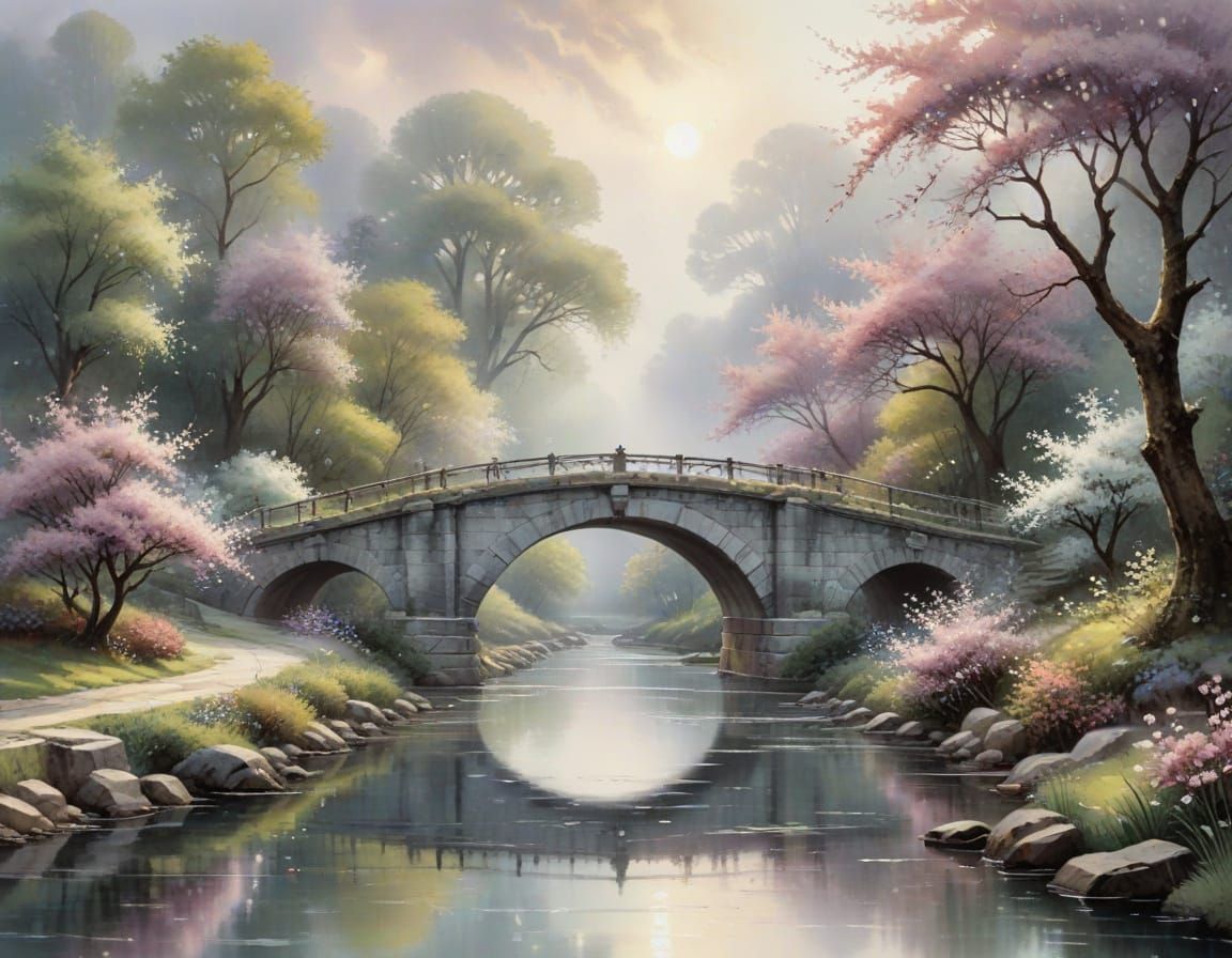 Ethereal Stone Bridge Over Calm River in Watercolour