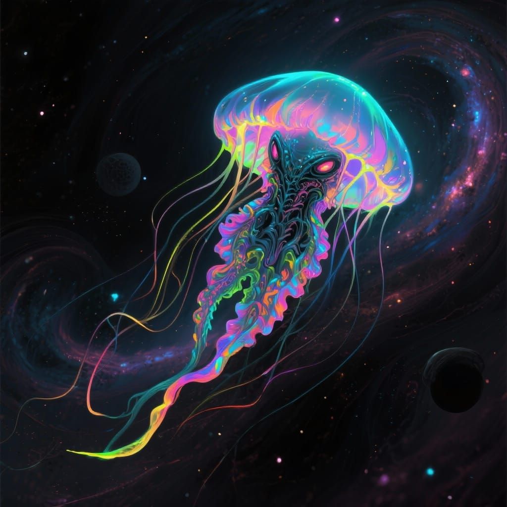 Bioluminescent Jellyfish Alien in Cosmic Void Psychedelic Ar...