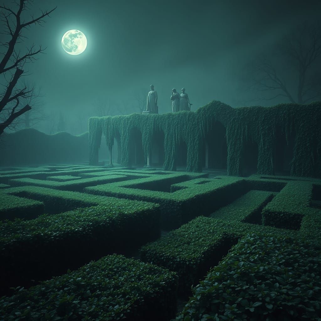 Ominous Overgrown Labyrinth in Grayscale Palette