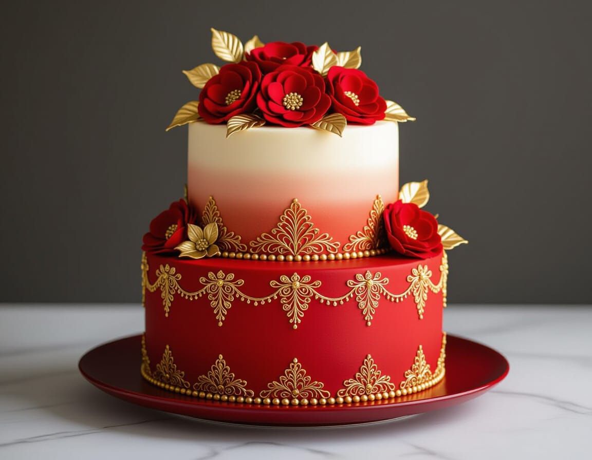 Intricate Red Ombre Cake with Floral Decorations
