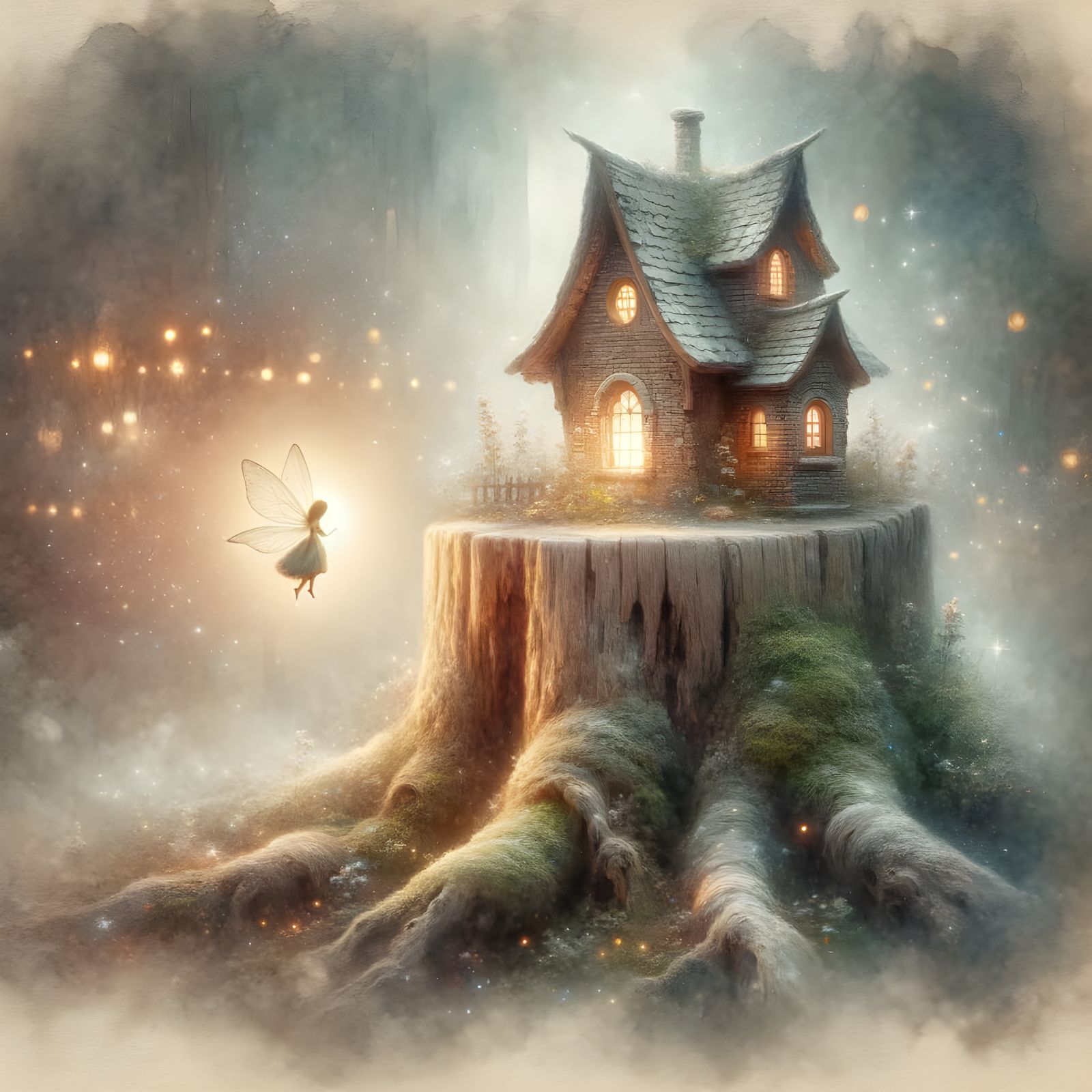Miniature Fairy House on Tree Stump in Watercolor Style
