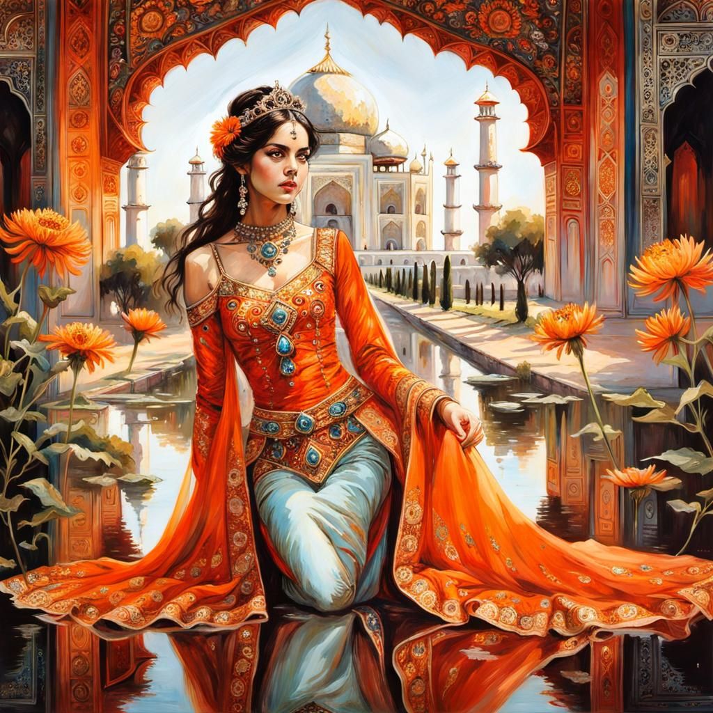 Ornate Persian Princess Touching Mirrored Reflection