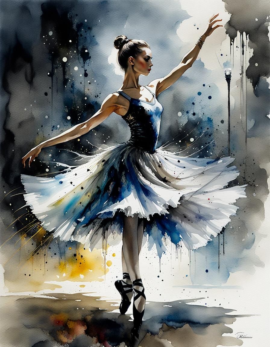 Ballerina in Tulle Dress: Watercolor and Ink Art