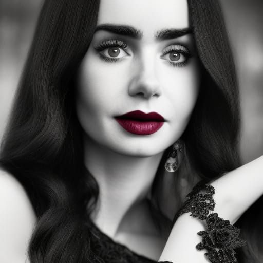 Lily Collins as Morticia Addams: Hyperrealistic Portrait