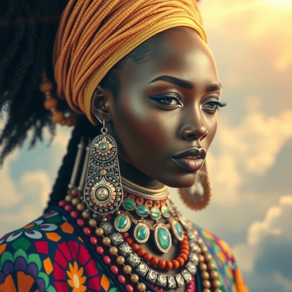 Sad Naomi Campbell Portrait in African Clothing