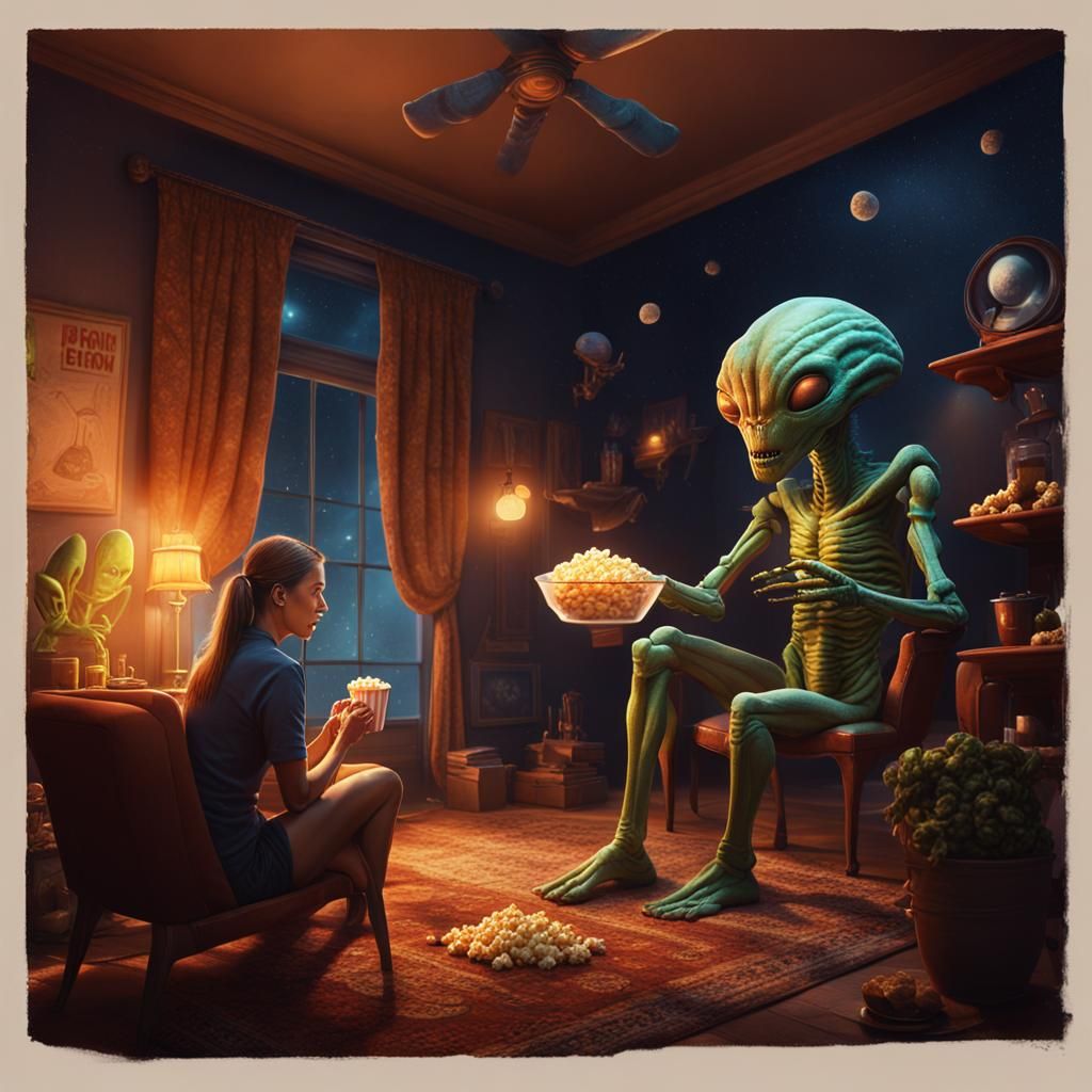 Cozy Friday Night: Woman Watching Alien TV