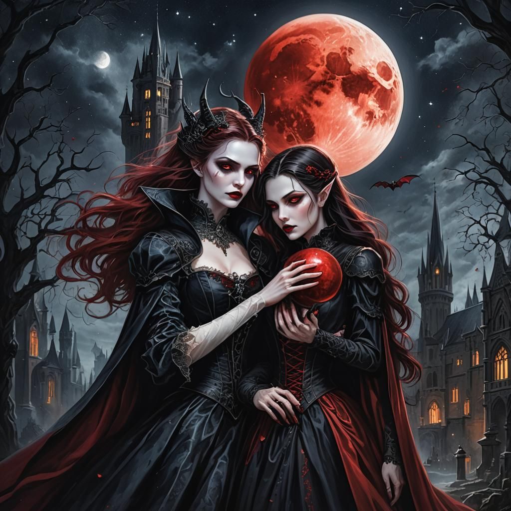 Gothic Vampire Romance Under Red Moon: Cinematic Still