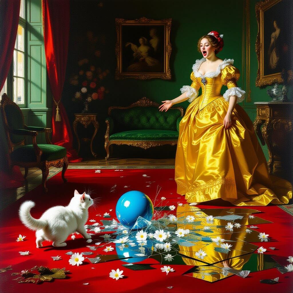 Baroque Masterpiece: Cat Chaos in a Lavish Green Room