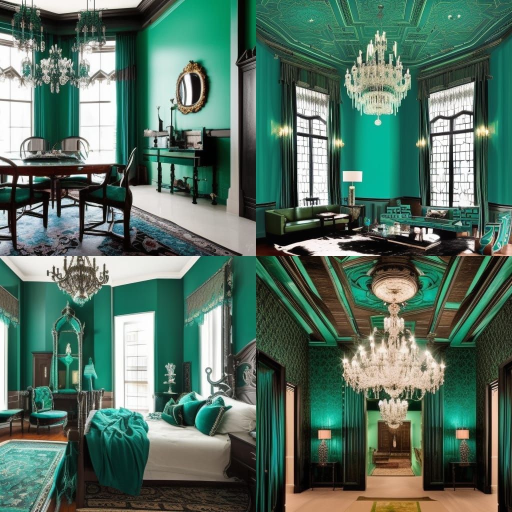 Teal Green Gothic Penthouse with Teal green walls accented with silver walls& Black frames& teal green high gothic ceili...