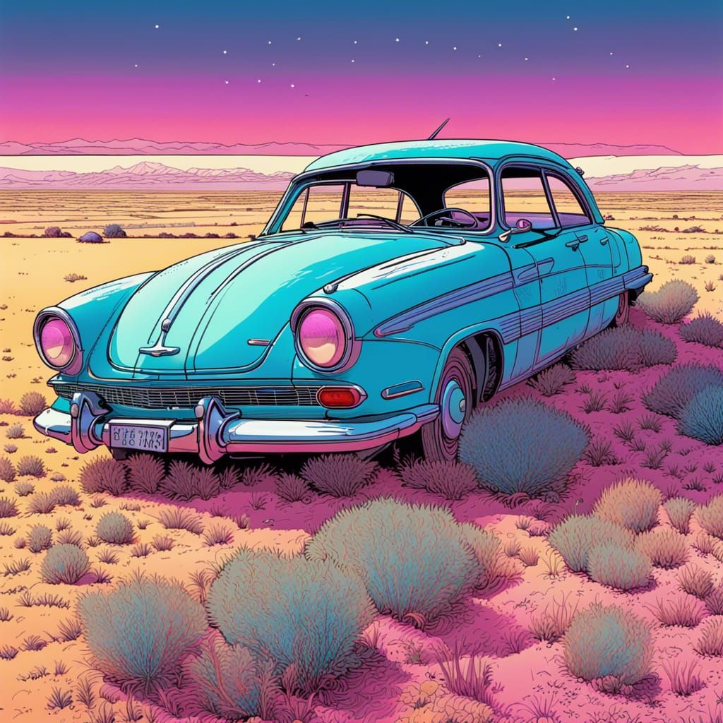 1950s Car in Desert Grassland, Moebius Style