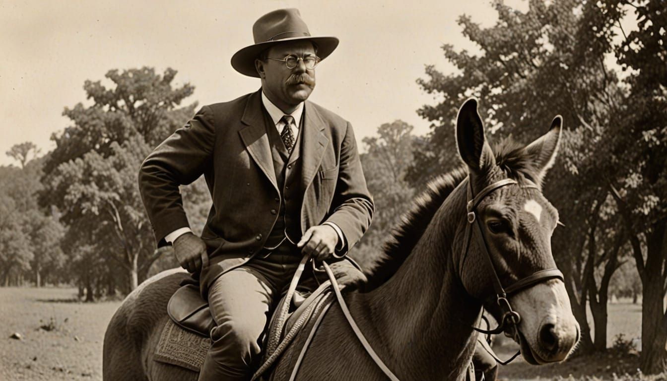 Teddy Roosevelt on a Donkey in a Vintage Fedora