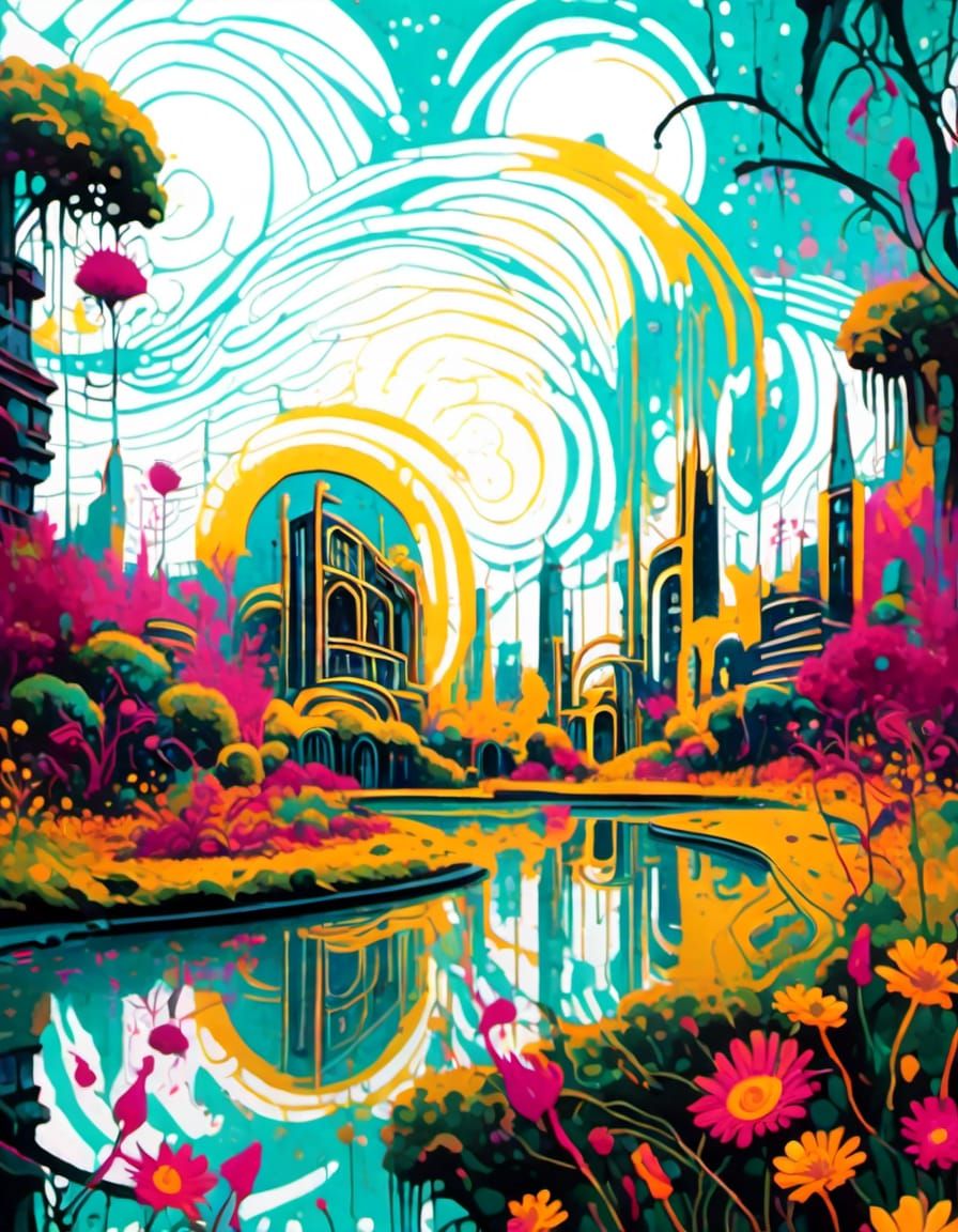 Verdant City Portal in Cosmic Expressionism