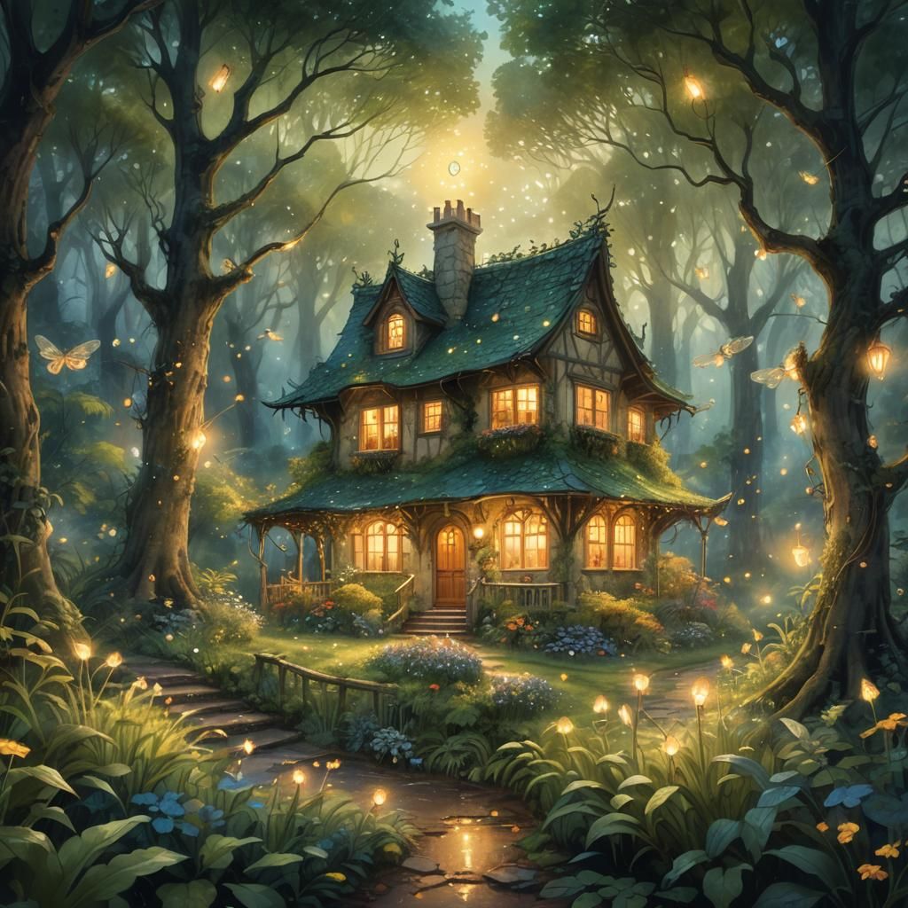 Enchanted Forest Home in Watercolor Style