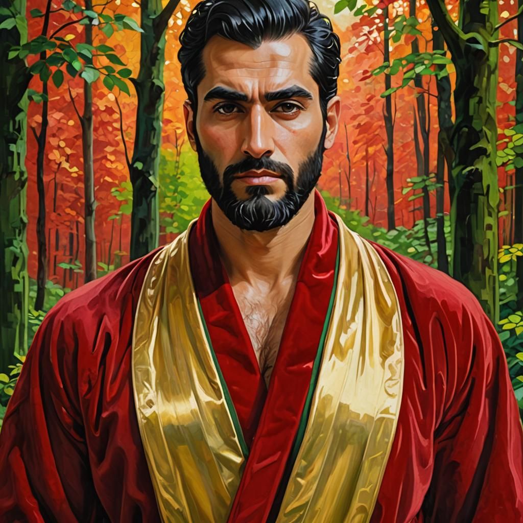 Iranian Man in Forest: Expressionist Oil Painting