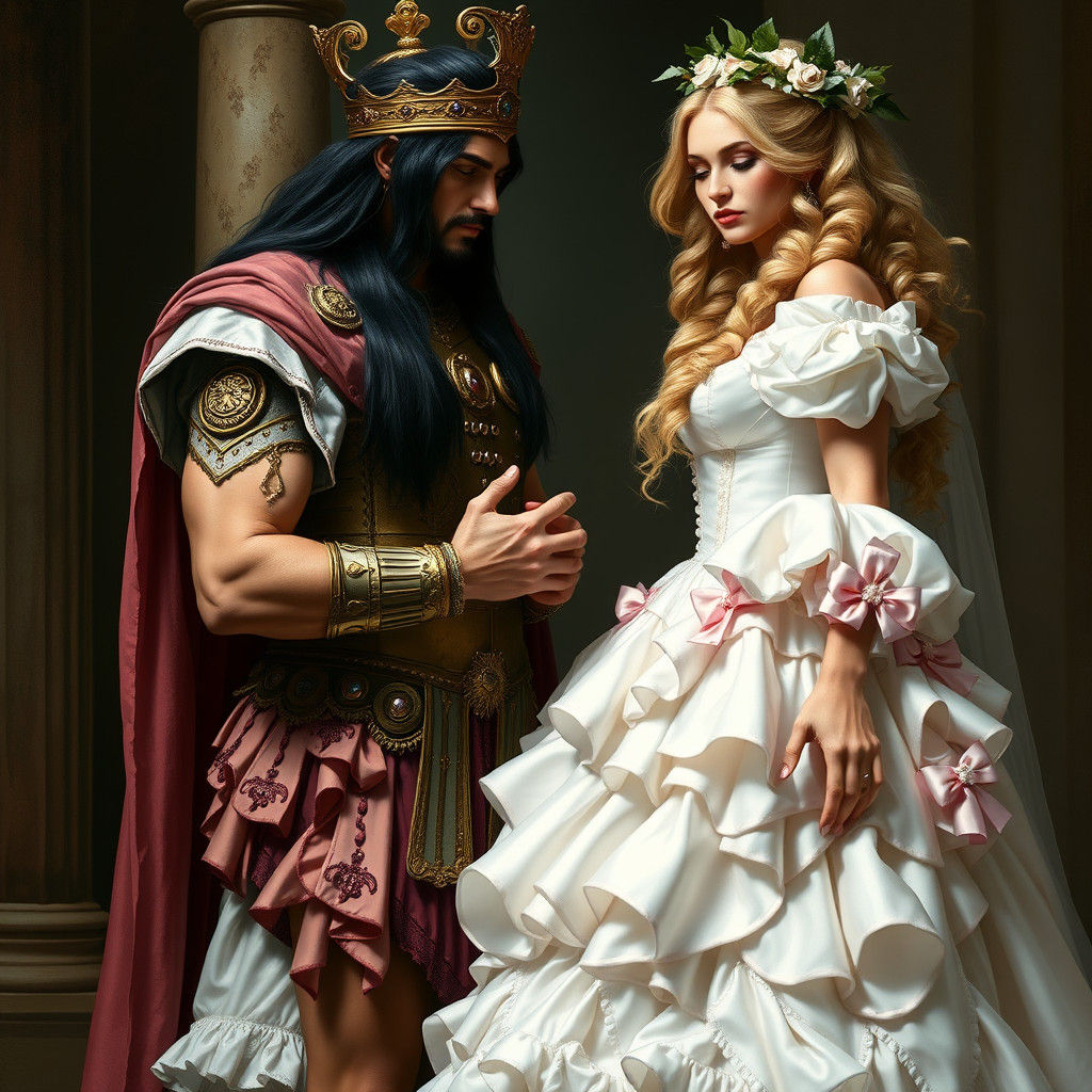 Roman King Fastens Bride's Corset in Romantic Scene
