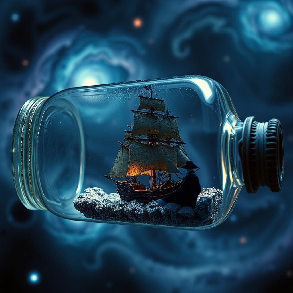 Miniature Pirate Ship Sailing Through Galaxies
