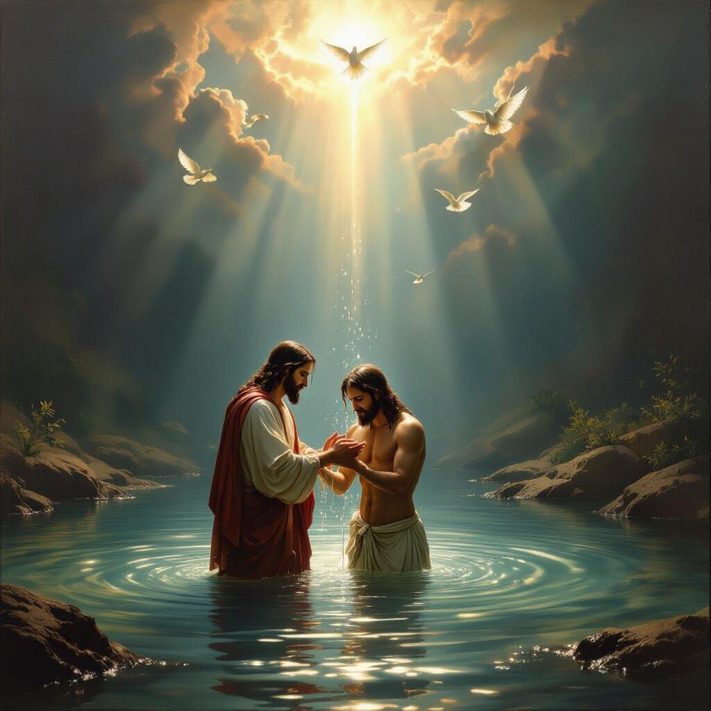 Jesus Christ Baptized in Jordan River, Renaissance Style
