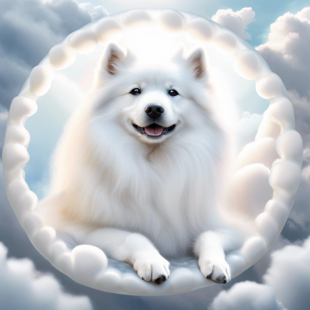 Ethereal Samoyed Dog on Puffy Clouds