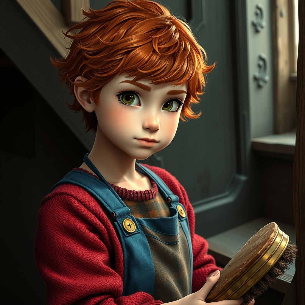 Fiery-Haired Annie Scrubbing Stairs: Fantasy Concept Art