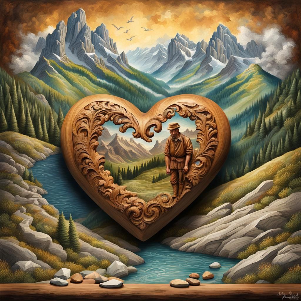 Hand-Carved Wooden Heart with Mountain Landscape
