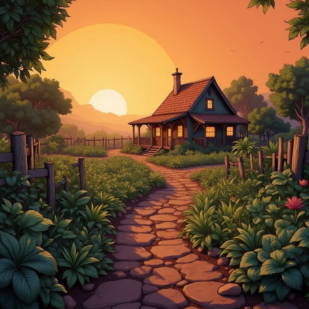 Terraformed Homestead at Sunset: Whimsical Sci-Fi Scene