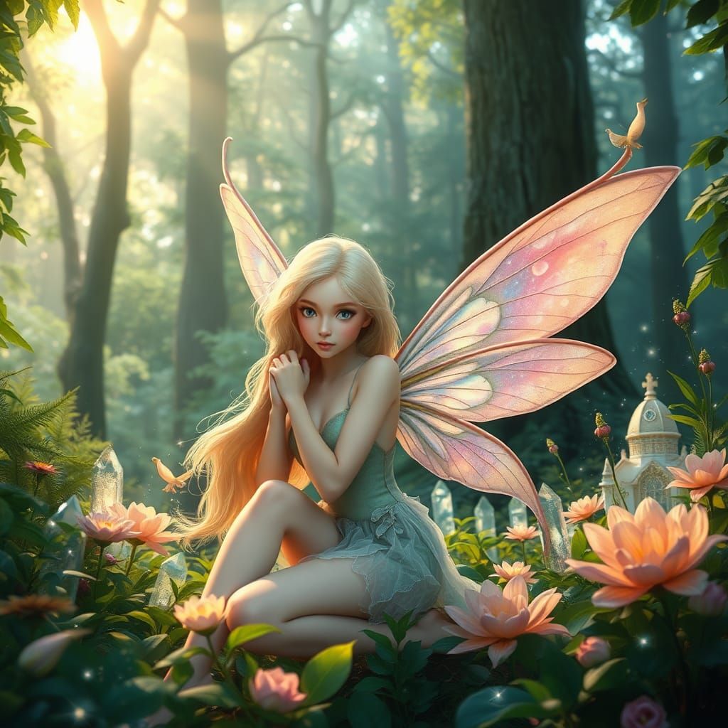 A blonde fairy, mythical creature often depicted as small, delicate, and possessing magical powers. This fairy is situat...