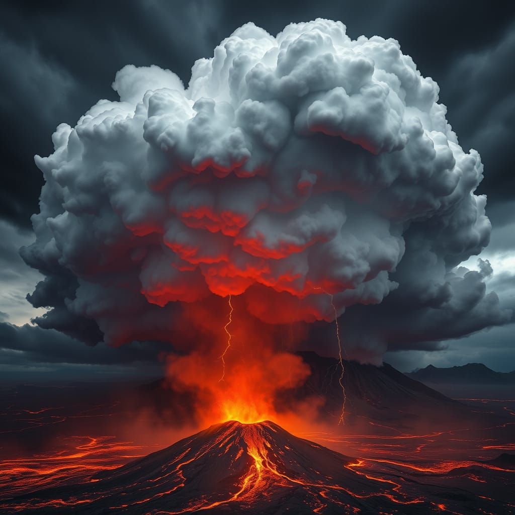 Volcanic Eruption Under Colossal Storm Cloud Wings